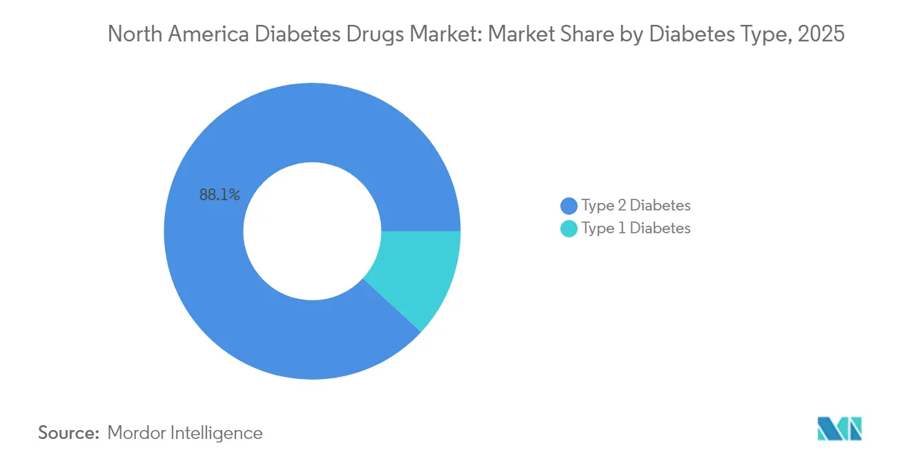 North America Diabetes Drugs Market: Market Share by Diabetes Type, 2025