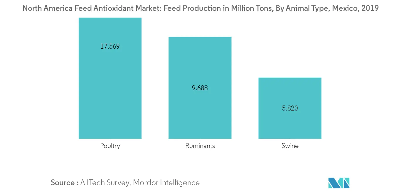 Markt für Futtermittel-Antioxidantien in Nordamerika, Futtermittelproduktion nach Tierart, in Millionen Tonnen, Kanada, 2019