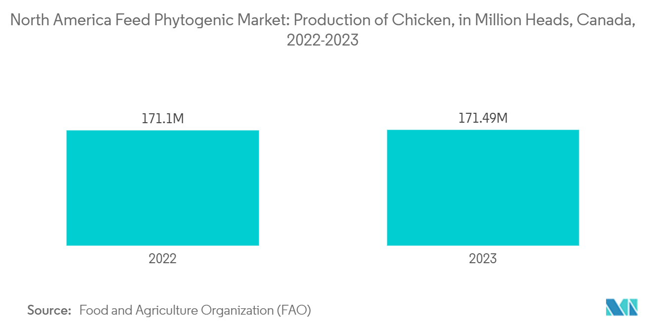 北米の飼料用発芽植物市場北米の植物性飼料市場鶏肉の生産量（百万頭）、カナダ、2022-2023年