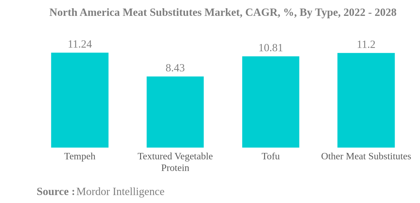 North America Meat Substitutes Market: North America Meat Substitutes Market, CAGR, %, By Type, 2022 - 2028