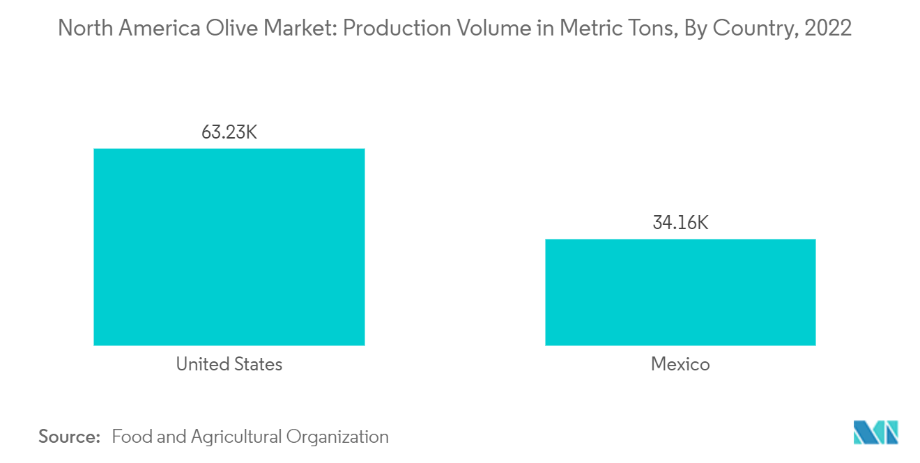 North America Olive Market: Production Volume in Metric Tons, By Country, 2022