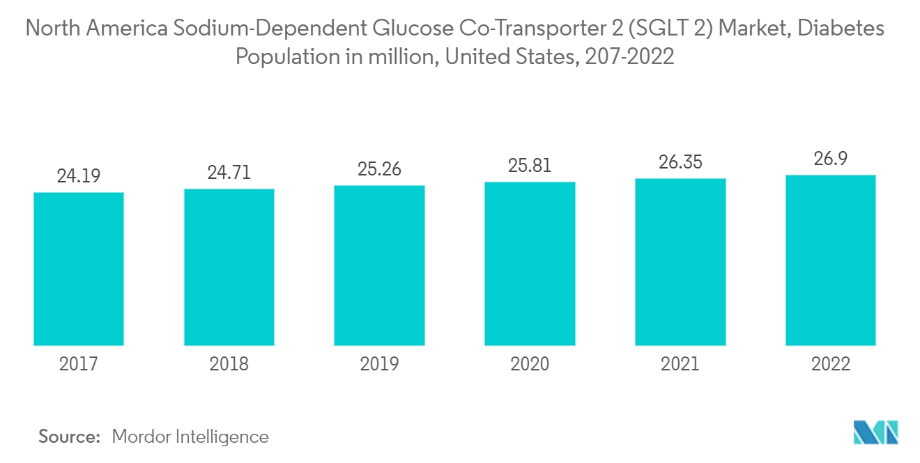 北米のナトリウム依存性グルコース共輸送体2(SGLT 2)市場、糖尿病人口(百万人)、米国、207-2022年