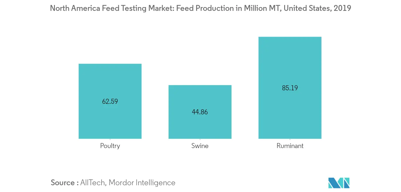 Рынок тестирования кормов в Северной Америке производство кормов в миллионах тонн, США, 2019 г.