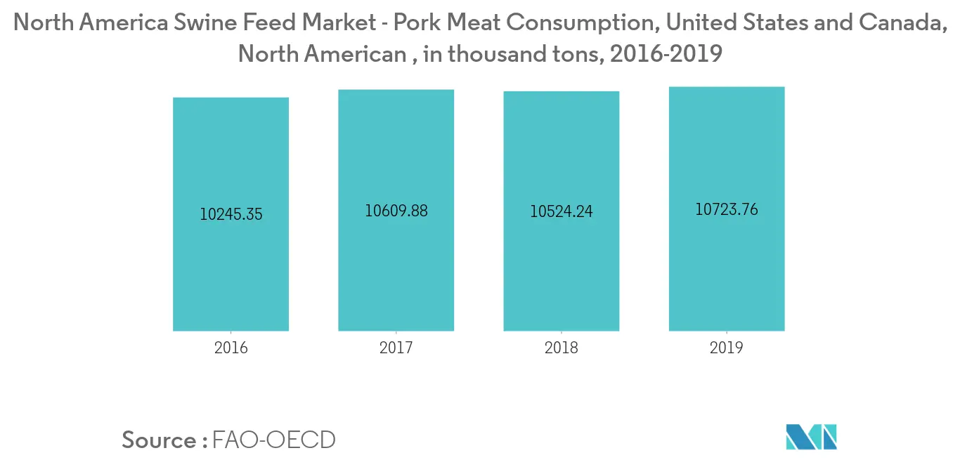 北米養豚飼料市場-豚肉消費、米国およびカナダ、北米（単位：千トン）、2016-2019年