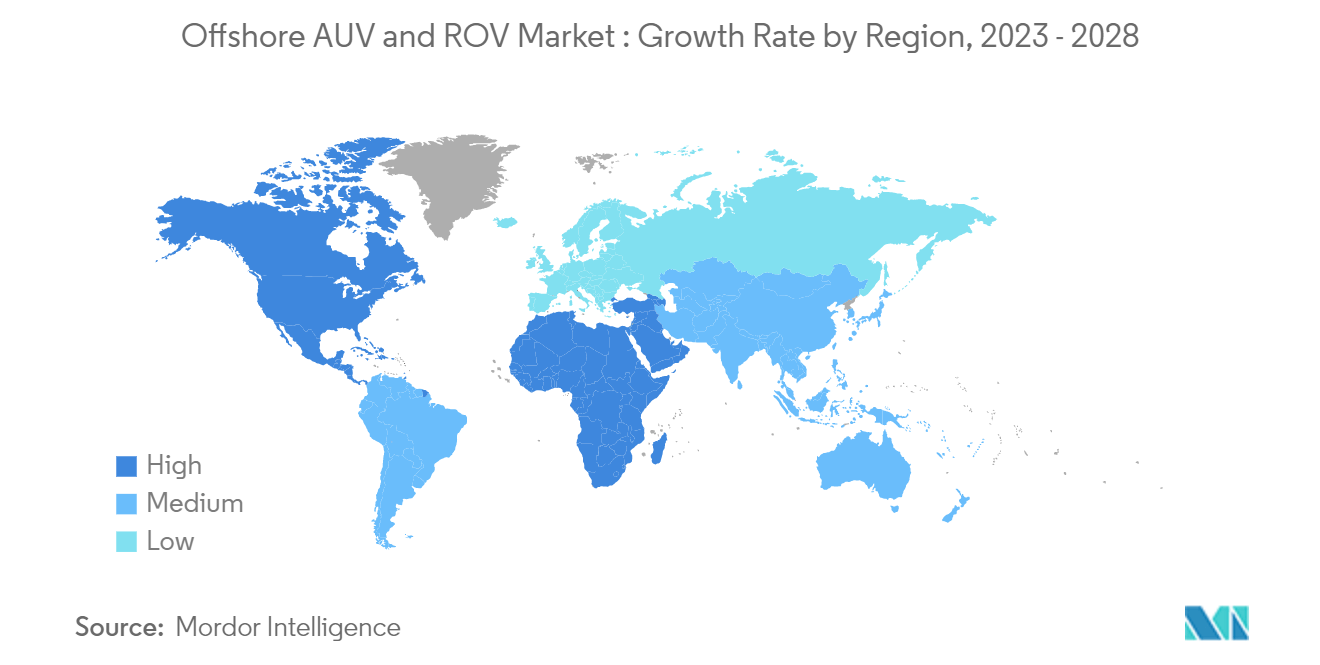 海上 AUV 和 ROV 市场 - 按地区划分的增长率，2023 - 2028 年