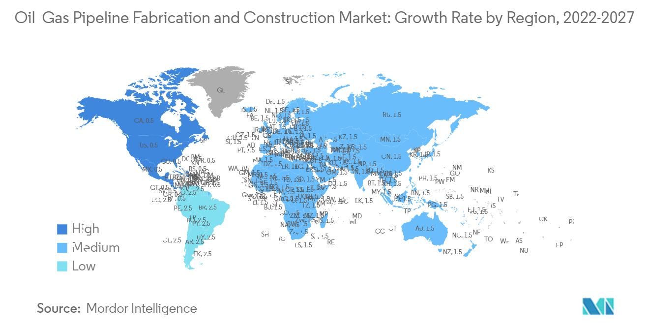 Рынок изготовления и строительства нефте- и газопроводов темпы роста по регионам, 2022-2027 гг.