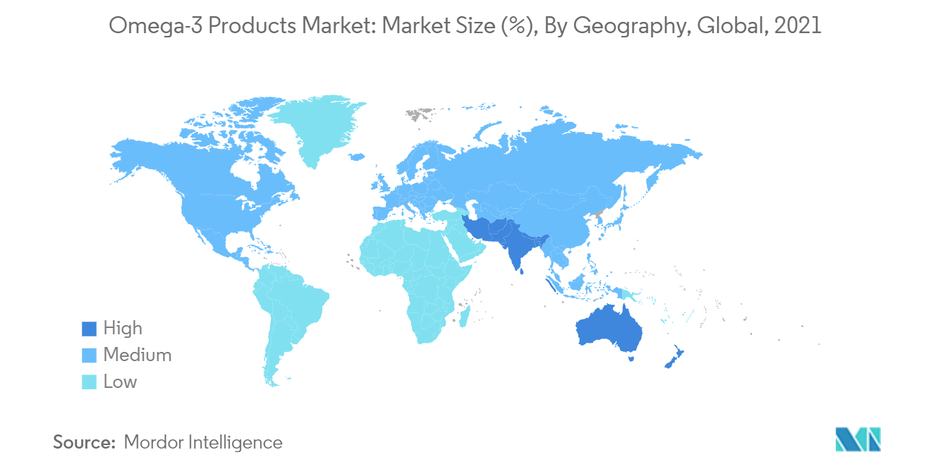 Mercado de produtos ômega-3 – Tamanho do mercado (%), por geografia, global, 2021