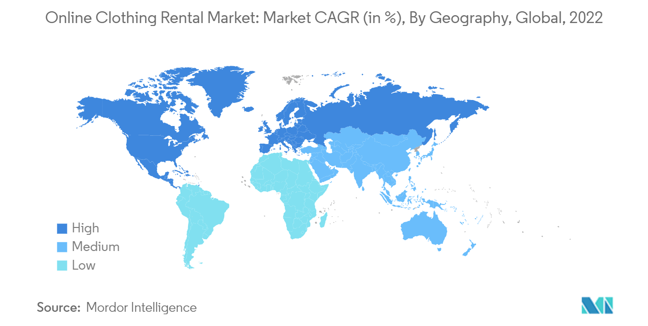 在线服装租赁市场：市场复合年增长率（%），按地理位置，全球，2022 年