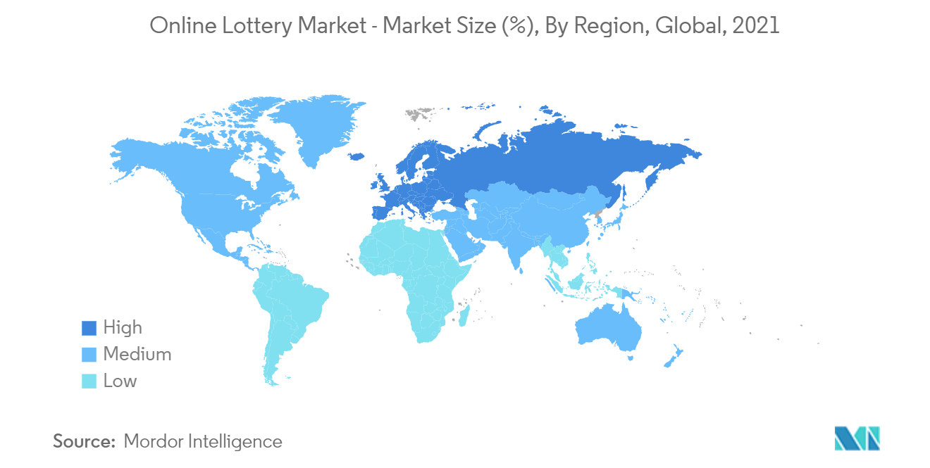 Рынок онлайн-лотерей — размер рынка (%), по регионам, мир, 2021 г.