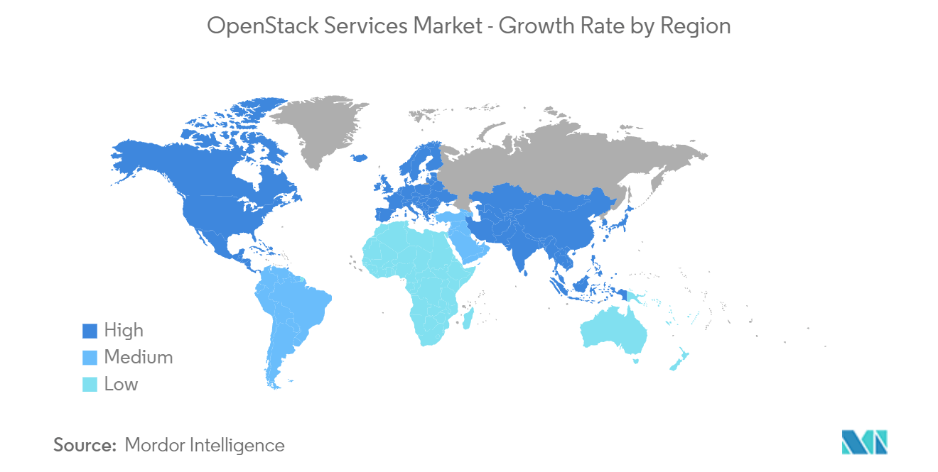 Рынок сервисов OpenStack - темпы роста по регионам 