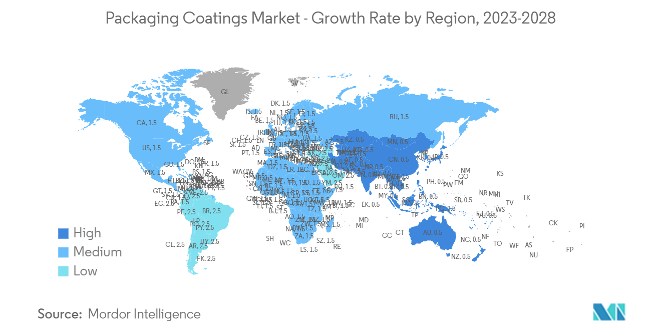 Packaging Coatings Market - Growth Rate by Region, 2023-2028