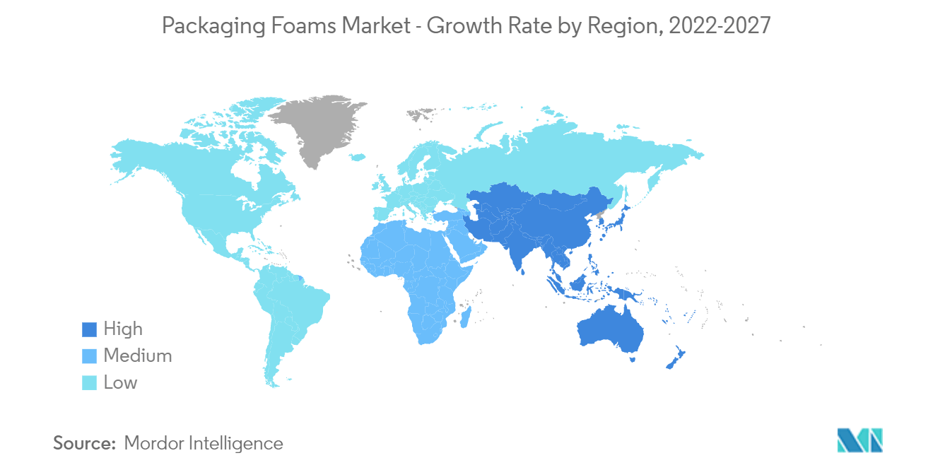 Рынок упаковочных пенопластов – темпы роста по регионам, 2022–2027 гг.