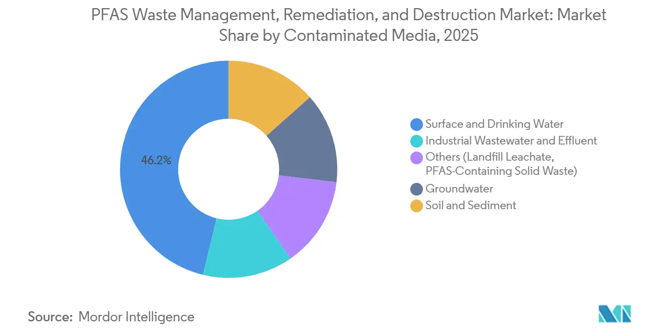 Part du marché de la gestion des déchets PFAS, de la remédiation et de la destruction par milieu contaminé, 2025