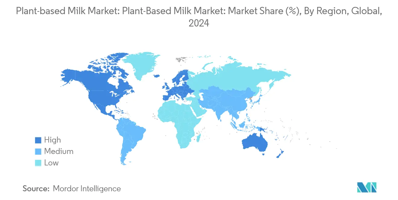植物性ミルク市場植物性ミルク市場市場シェア(%)、地域別、世界