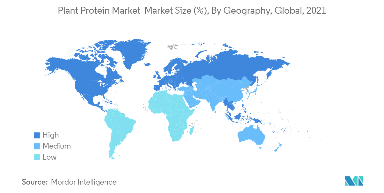 植物蛋白市场 - 植物蛋白市场规模 (%)，按地理位置，全球，2021 年