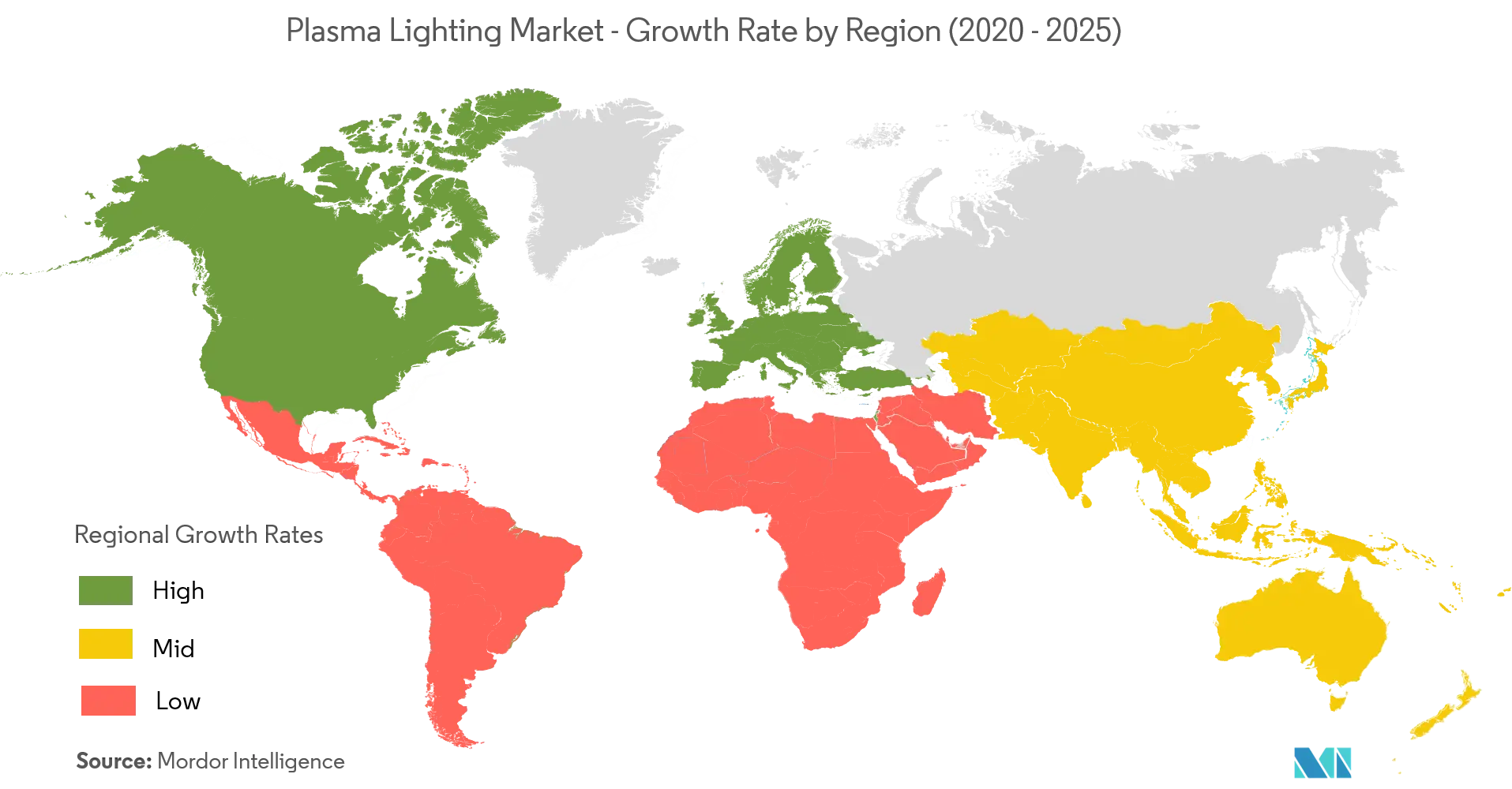 Рынок плазменного освещения - темпы роста по регионам (2020-2025 гг.)