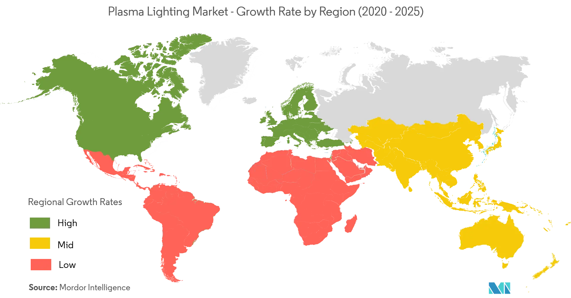 等离子照明市场 - 按地区划分的增长率（2020-2025 年）