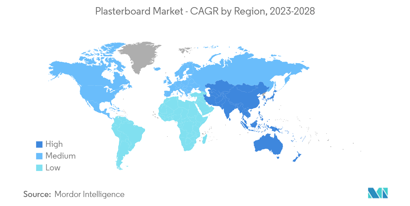 Mercado de placas de gesso – CAGR por região, 2023-2028