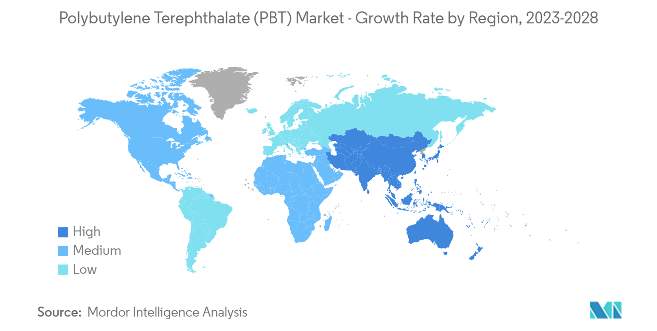 ポリブチレンテレフタレート（PBT）市場 - 地域別成長率、2023年～2028年