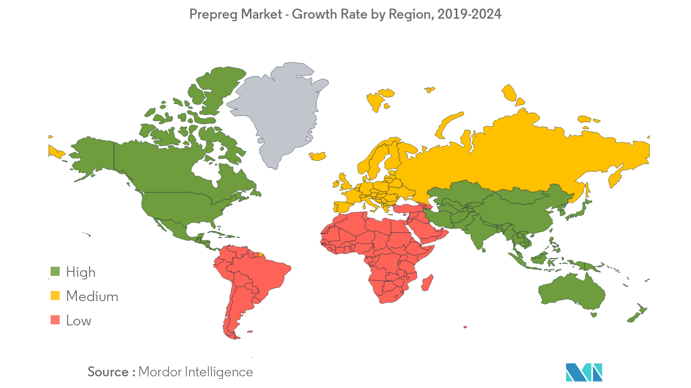 Marché des préimprégnés – Taux de croissance par région, 2019-2024