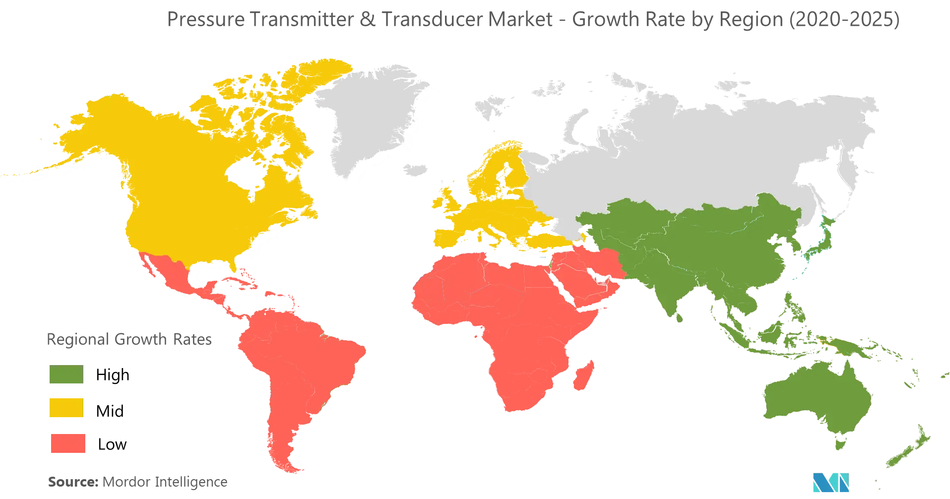 圧力トランスミッタ・トランスデューサ市場 - 地域別成長率（2020-2025年）