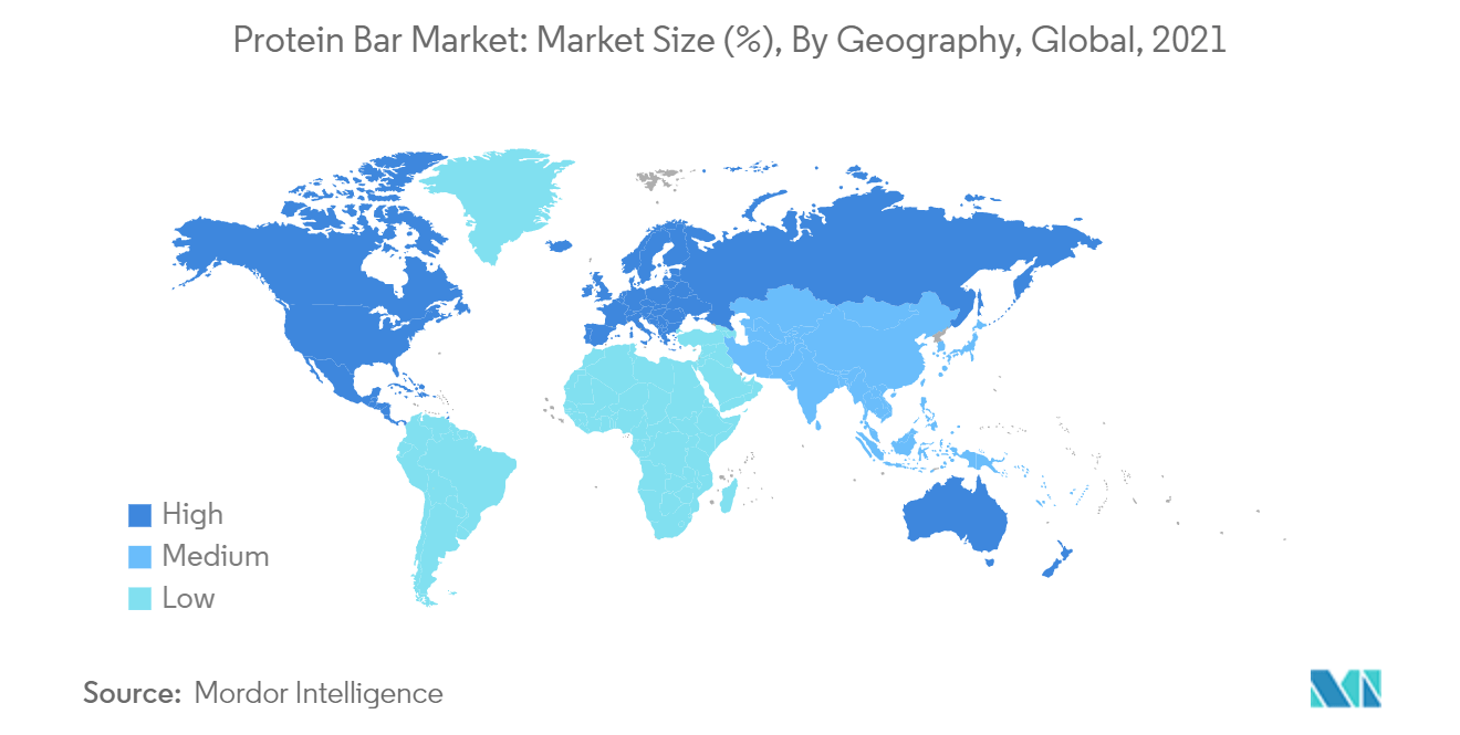 Mercado Barra de proteína - Tamanho do mercado (%), por geografia, global, 2021