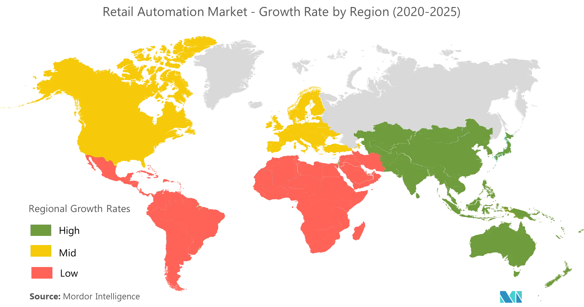 Рынок автоматизации розничной торговли - темпы роста по регионам (2020 - 2025 гг.)