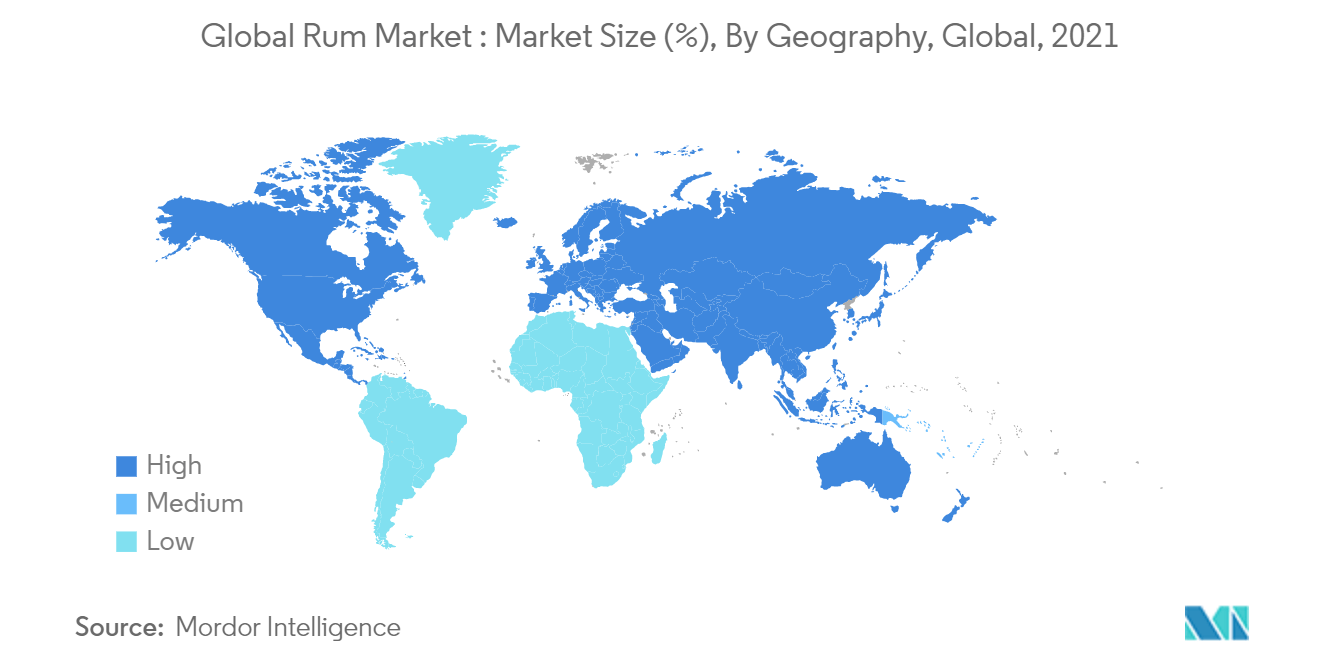 世界のラム酒市場:市場規模(%)、地域別、世界(2021年)