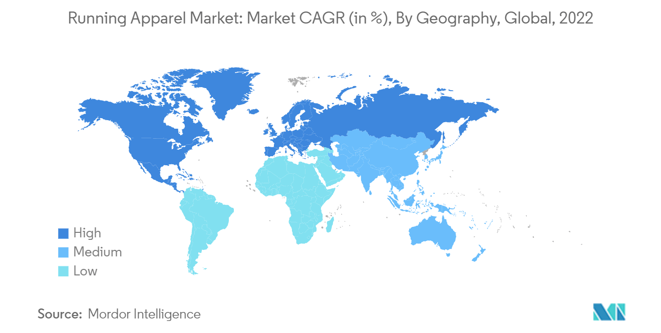 Mercado de ropa para correr CAGR del mercado (en %), por geografía, global, 2022