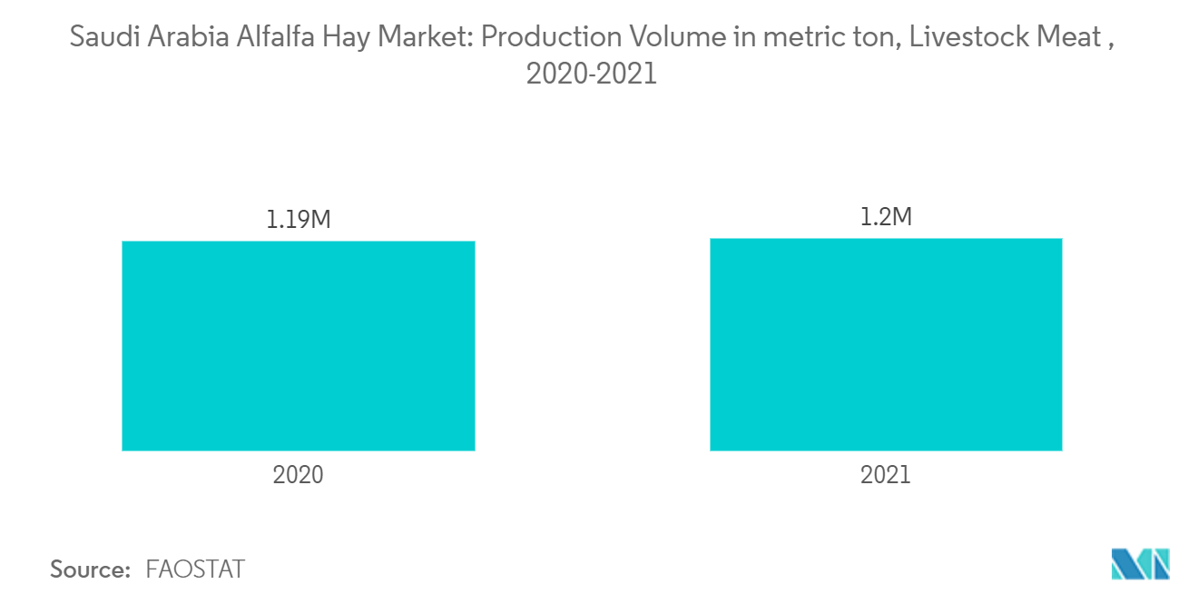 Mercado de heno de alfalfa de Arabia Saudita volumen de producción en toneladas métricas, carne de ganado, 2020-2021