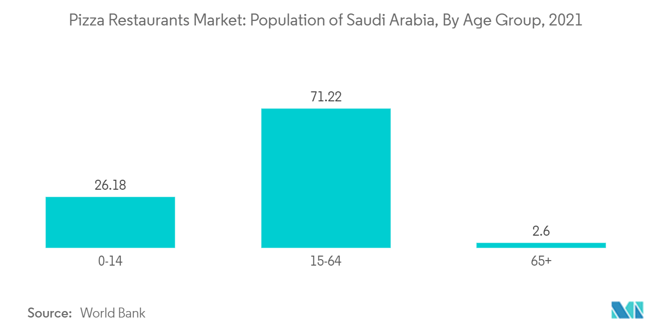 沙特阿拉伯披萨餐厅市场：沙特阿拉伯人口，按年龄组别，2021 年