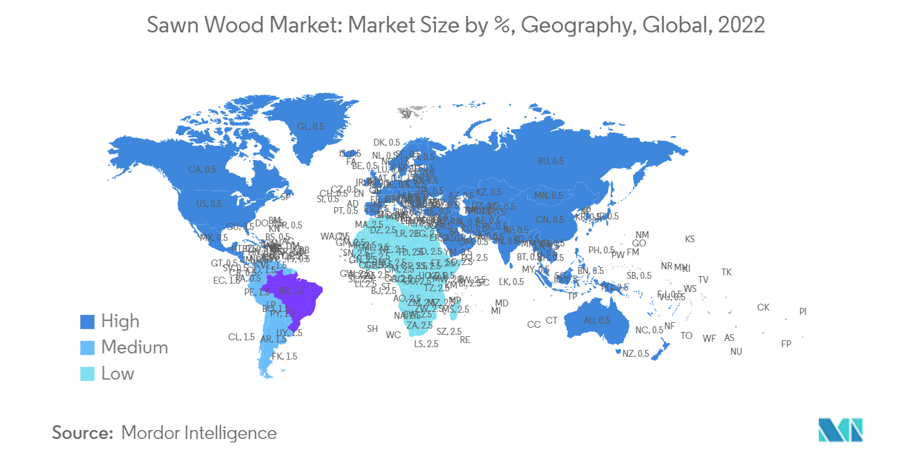 سوق الأخشاب المنشورة حجم السوق بنسبة٪، الجغرافيا، عالميًا، 2022