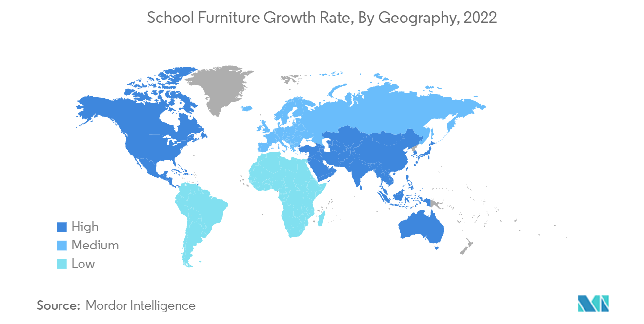 Tasa de crecimiento del mercado de mobiliario escolar, por geografía, 2022