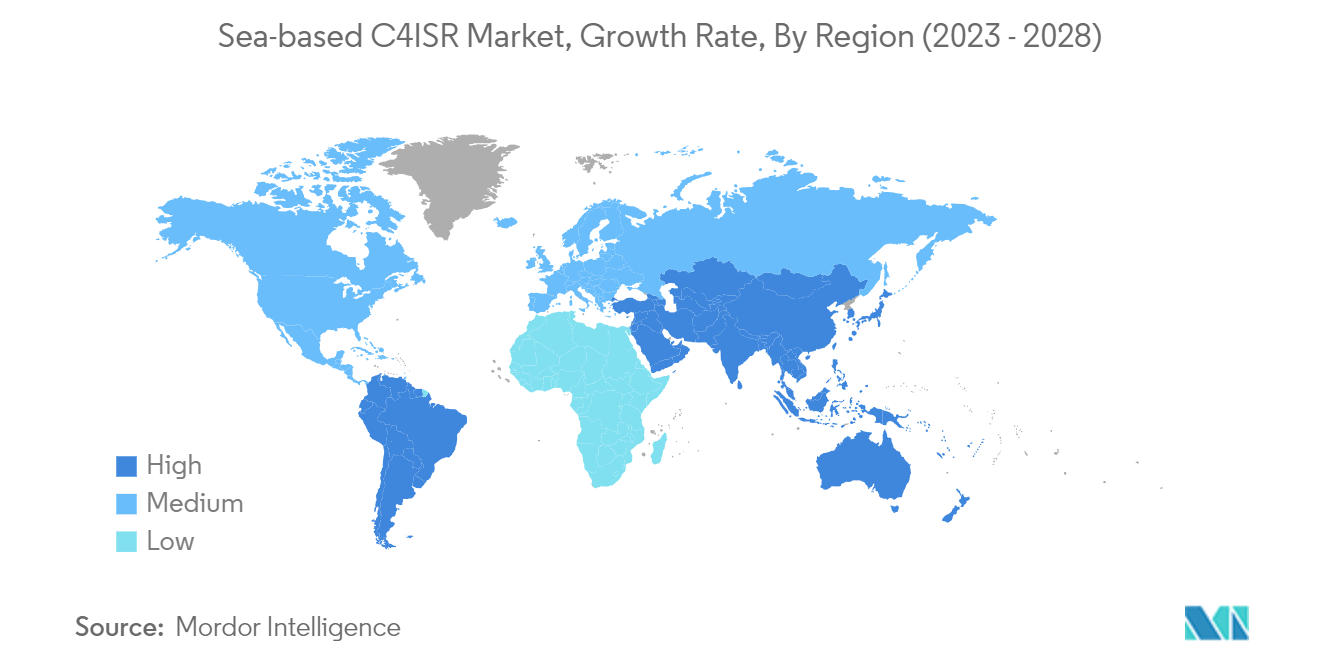Рынок морского C4ISR Рынок морского C4ISR, темпы роста по регионам (2023–2028 гг.)