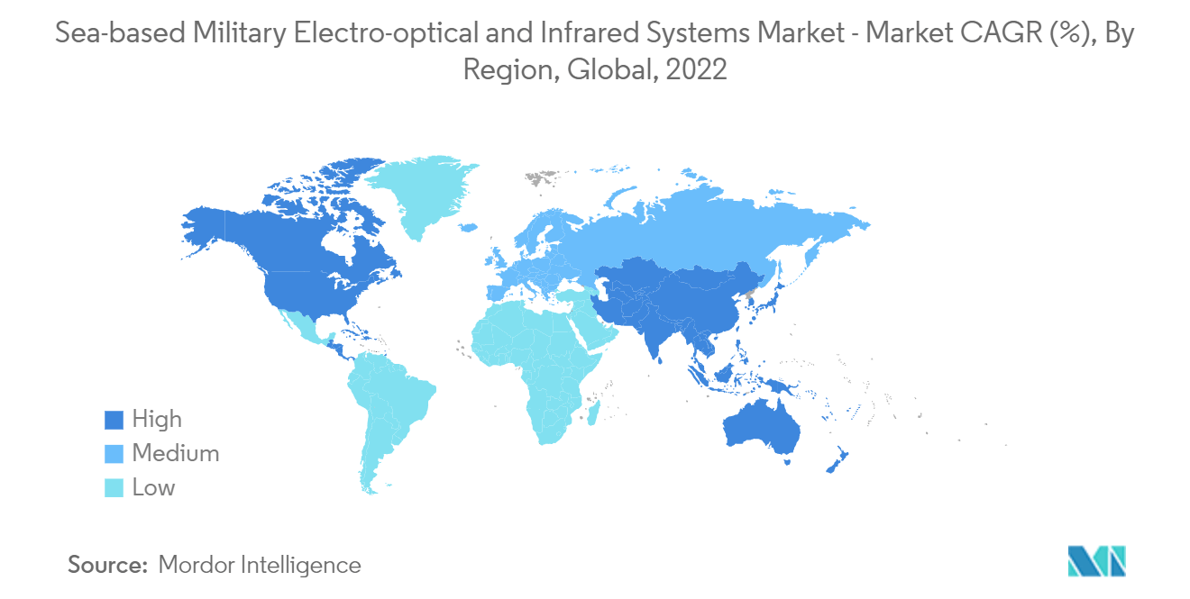 Рынок морских военных электрооптических и инфракрасных систем — среднегодовой темп роста рынка (%), по регионам, в мире, 2022 г.