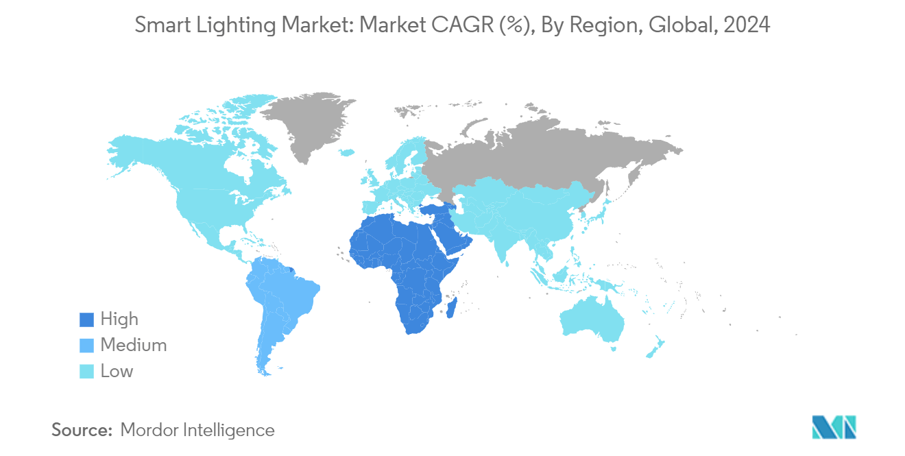 スマート照明市場：市場CAGR(%)、地域別、世界