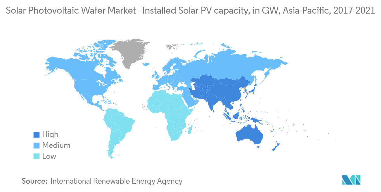 سوق الرقائق الكهروضوئية الشمسية - سوق الرقائق الكهروضوئية الشمسية - سعة الطاقة الشمسية الكهروضوئية المثبتة، في جيجاوات، آسيا والمحيط الهادئ، 2017-2021