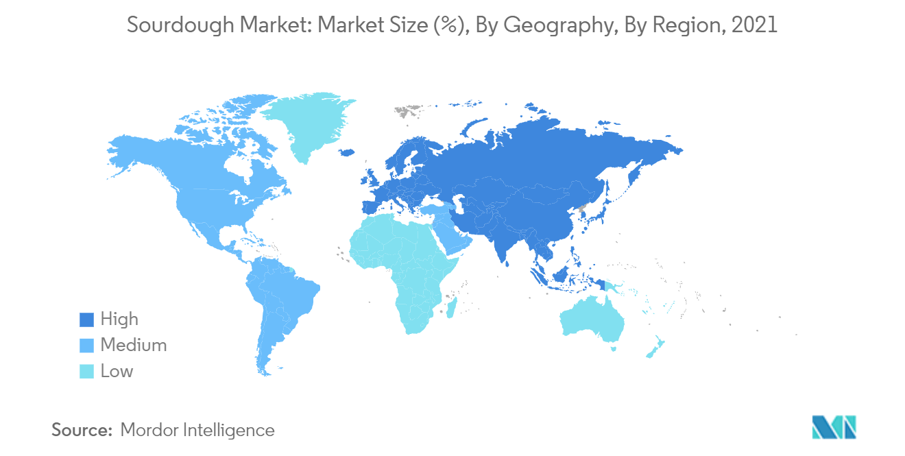 Mercado de masa madre tamaño del mercado (%), por geografía, por región, 2021