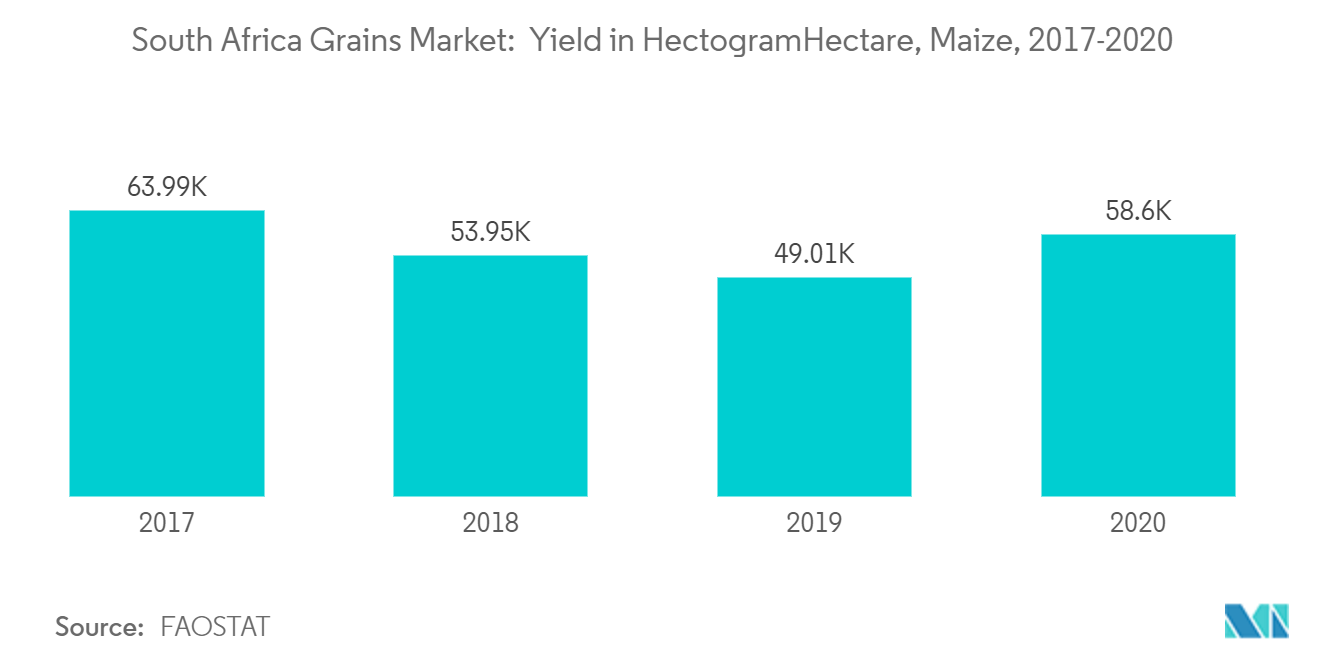 Mercado de cereales de Sudáfrica rendimiento en hectogramos/hectárea de maíz, 2017-2020