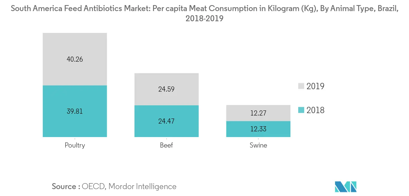 Mercado de antibióticos para alimentação da América do Sul, consumo de carne per capita em quilograma (Kg), por tipo de animal, 2018-2019