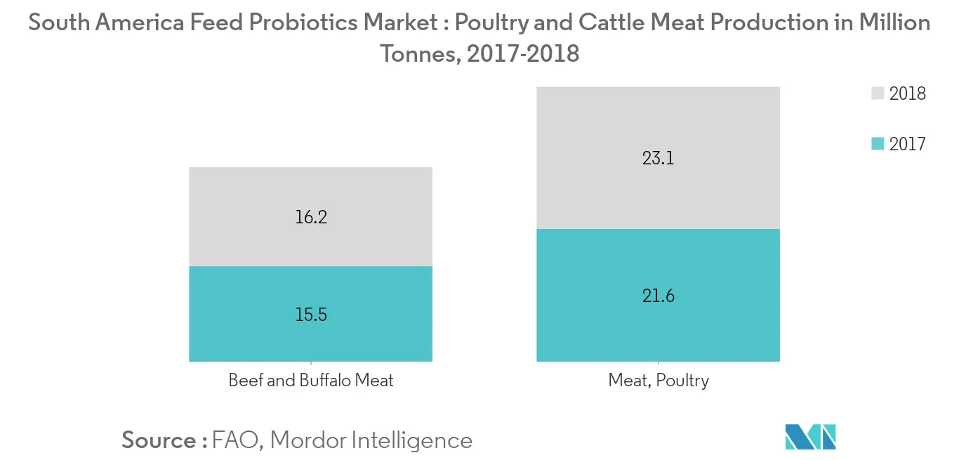 South America Probiotics Market, Poultry and Cattle Meat Production in Million Tonnes, 2017-2018
