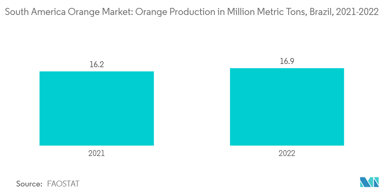 南米のオレンジ市場オレンジ生産量（百万トン）：ブラジル、2021-2022年