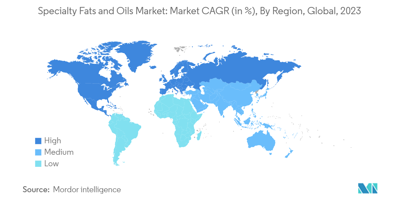 特殊油脂市場スペシャリティ油脂市場市場CAGR（単位：％）、地域別、世界、2023年