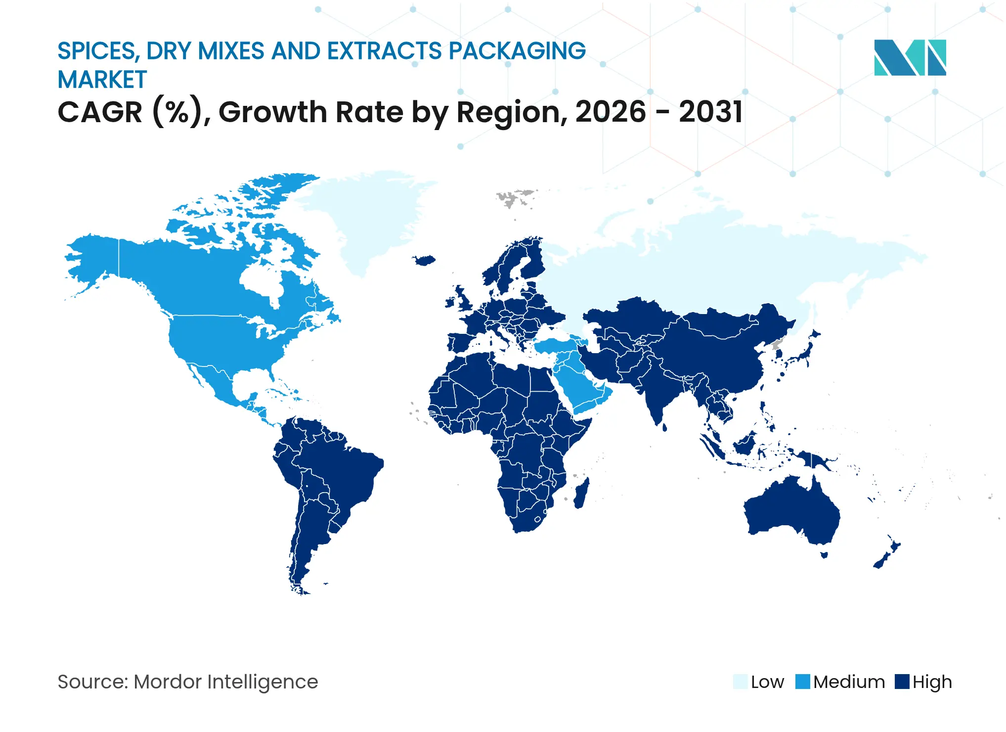 향신료, 건조 혼합물 및 추출물 포장 시장 CAGR (%), 지역별 성장률