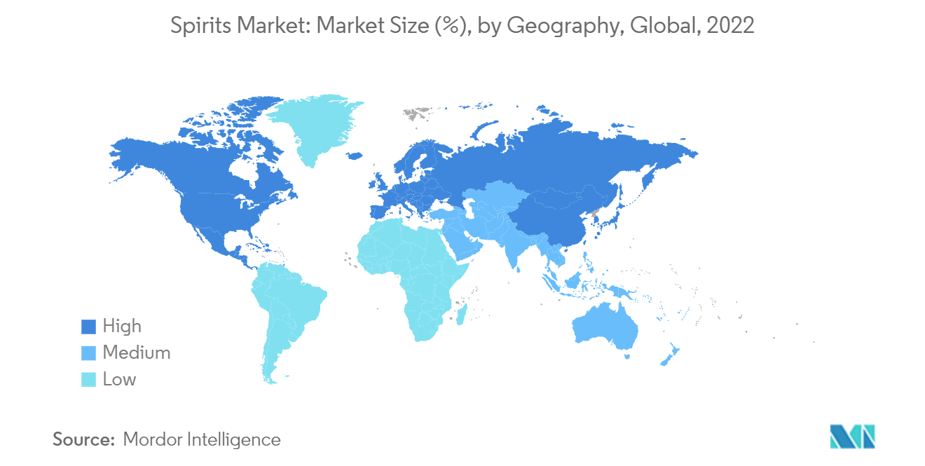 スピリッツ市場:市場規模(%)、地域別、世界、2022年