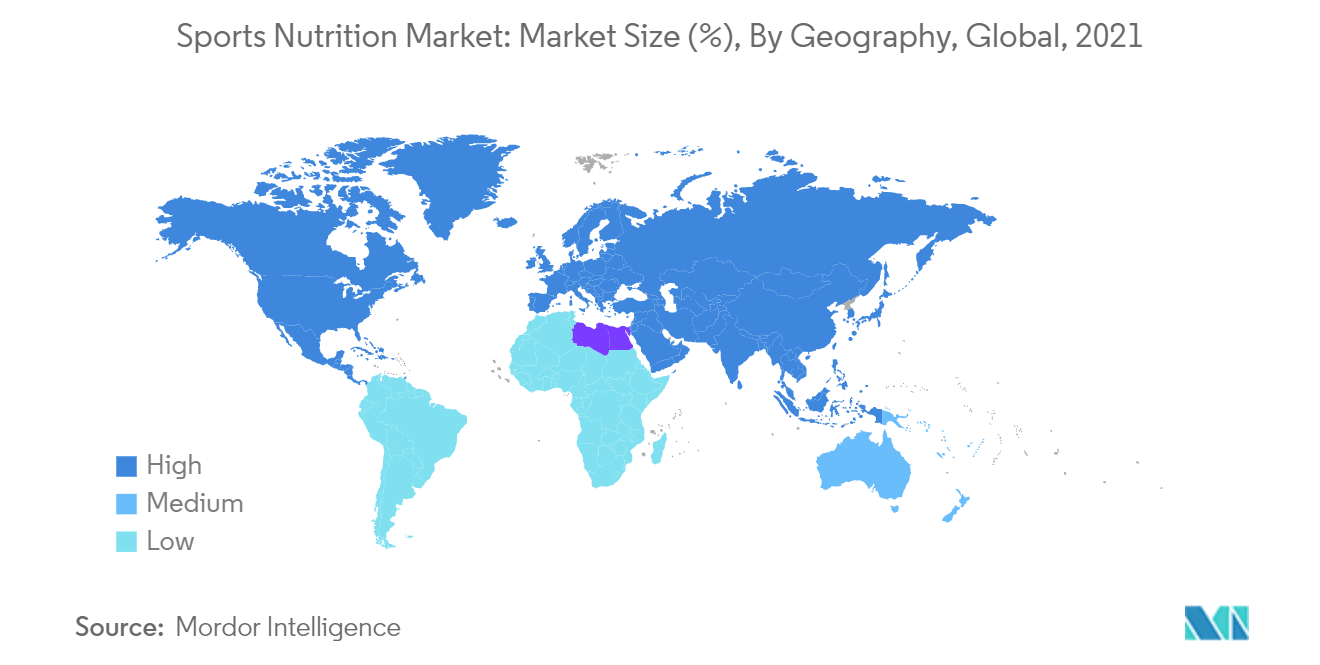 Marché de la nutrition sportive&nbsp; taille du marché (%), par géographie, mondial, 2021