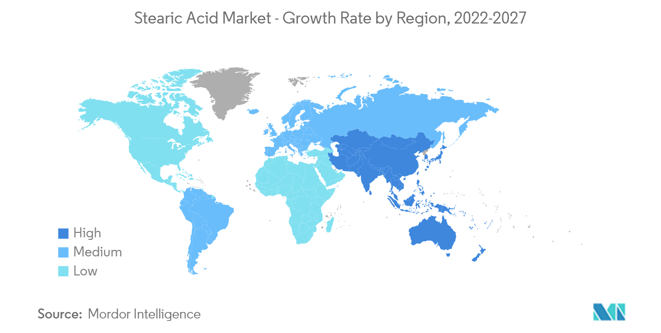 Рынок стеариновой кислоты – темпы роста по регионам, 2022–2027 гг.