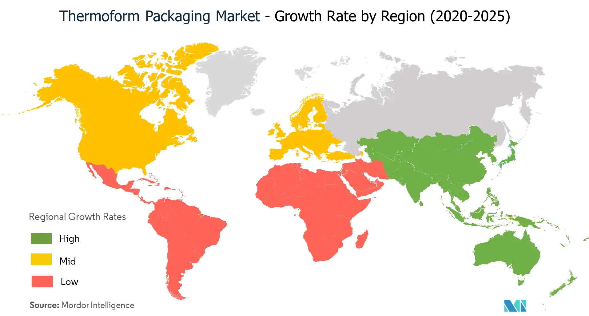 Markt für Thermoformverpackungen - Wachstumsrate nach Regionen (2020 - 2025)
