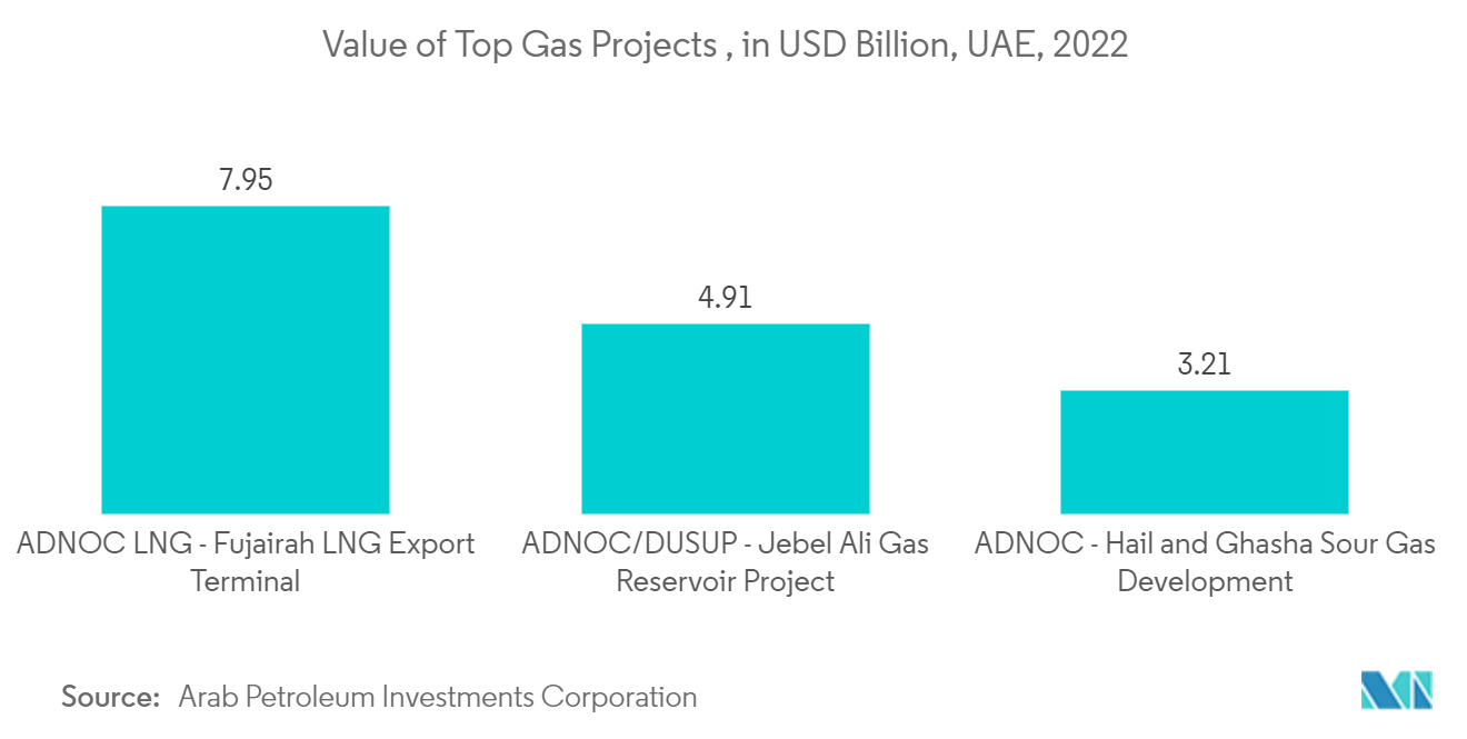 アラブ首長国連邦の地理空間分析市場:上位ガスプロジェクトの価値(10億米ドル)、アラブ首長国連邦、2022年