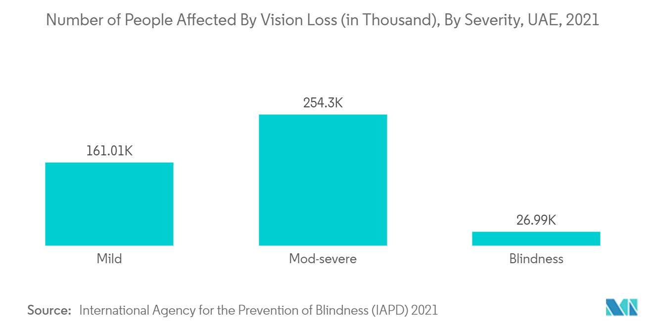 アラブ首長国連邦の眼科機器市場:視力喪失の影響を受ける人々の数(千人)、重症度別、アラブ首長国連邦、2021年